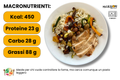 macronutrienti a porzione tagliata di pollo, riso, verdure e olive